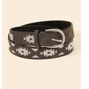 Western Boho Aztec Embroidered Pattern Vegan Leather Belt Black